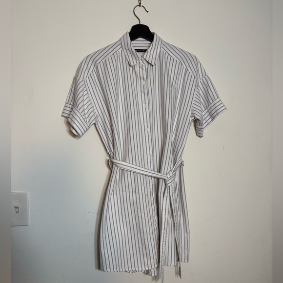 Abercrombie & Fitch Mini Striped White and Light Blue Belted Shirt Dress - Picture 4 of 9